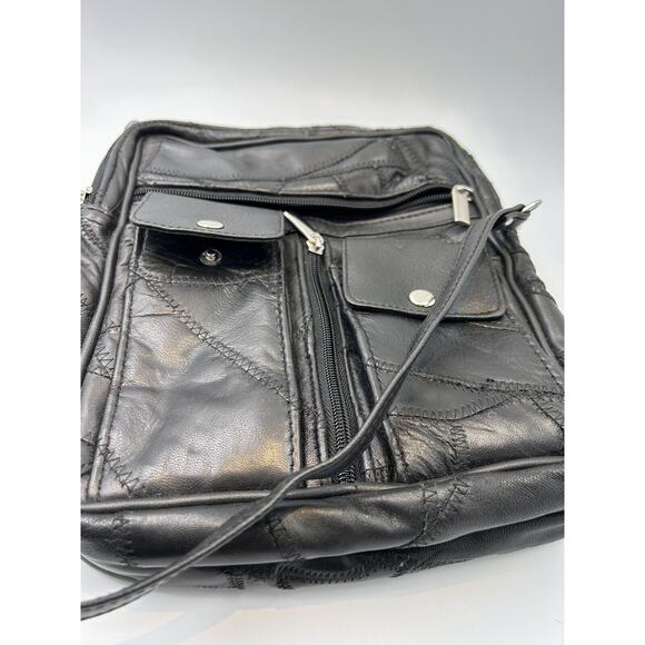 Vintage‎ Patch Leather Women Medium Black Crossbody Lined Sectional Shoulder Bag - Picture 3 of 11